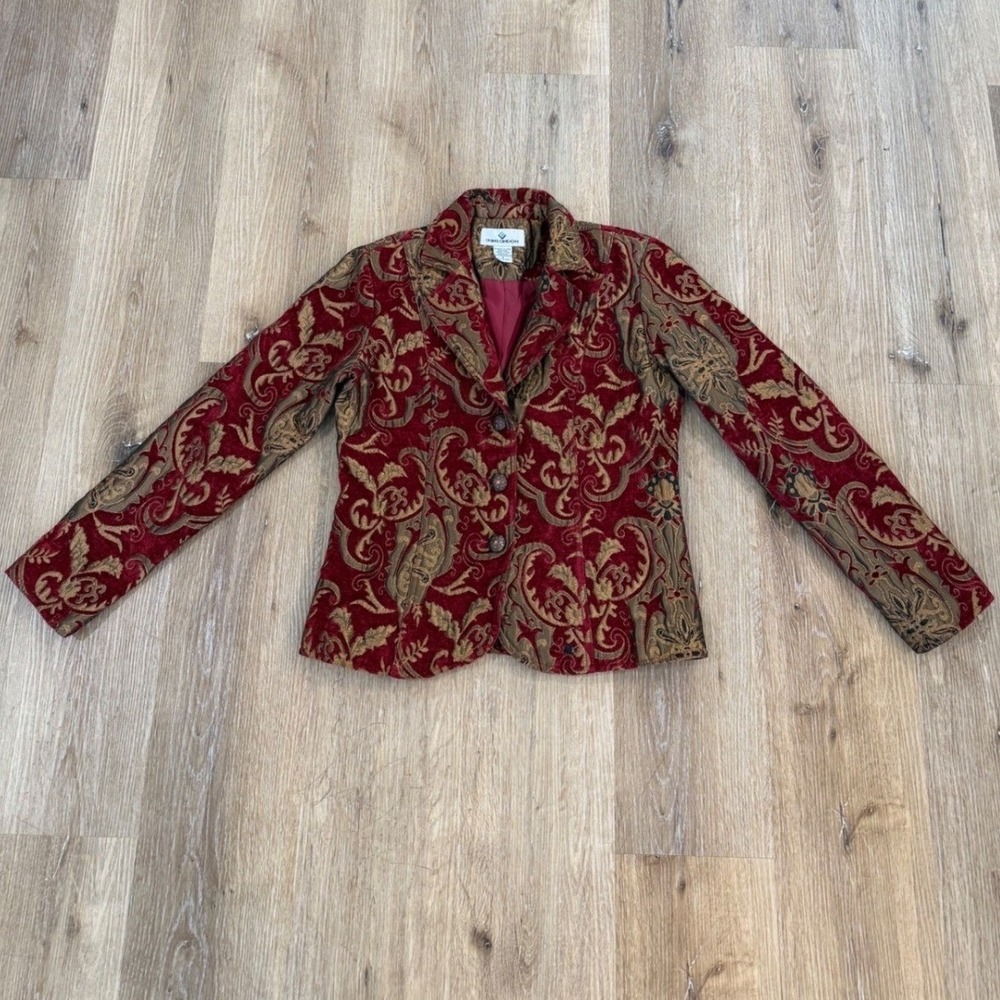 Velvet Tapestry Statement Blazer Women S Red Gold Paisley Brocade